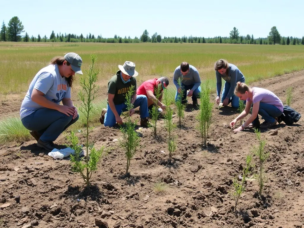 A photograph showcasing habitat restoration efforts, with volunteers planting trees and improving wildlife habitats.