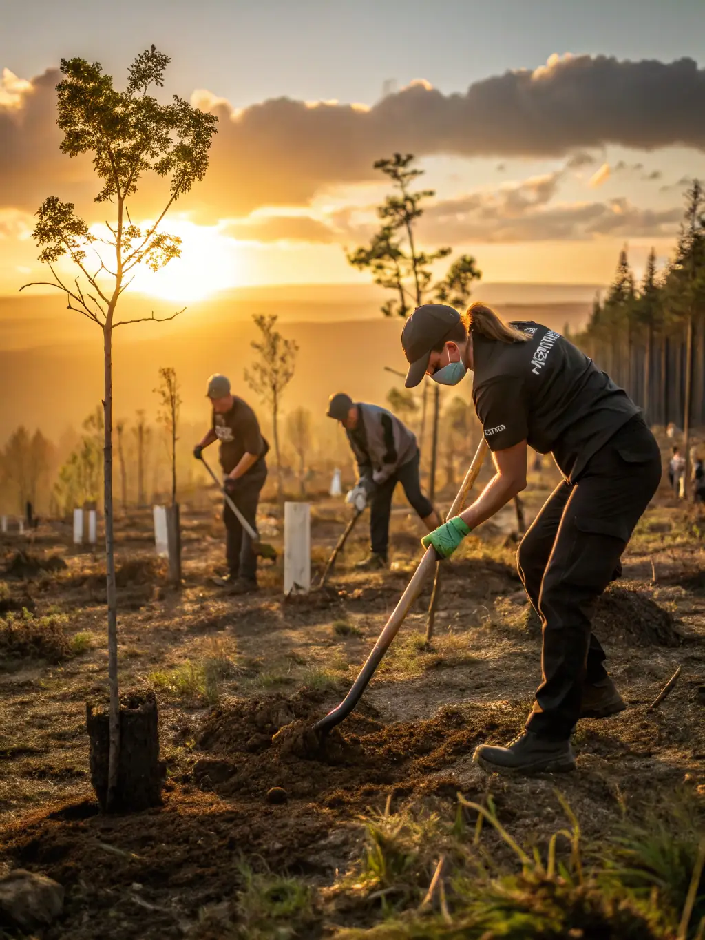 A photograph showing volunteers from the ASSOCIATION COMMUNALE DE CHASSE AGREEE DE MOUSSAGES planting native trees to restore a degraded forest area.