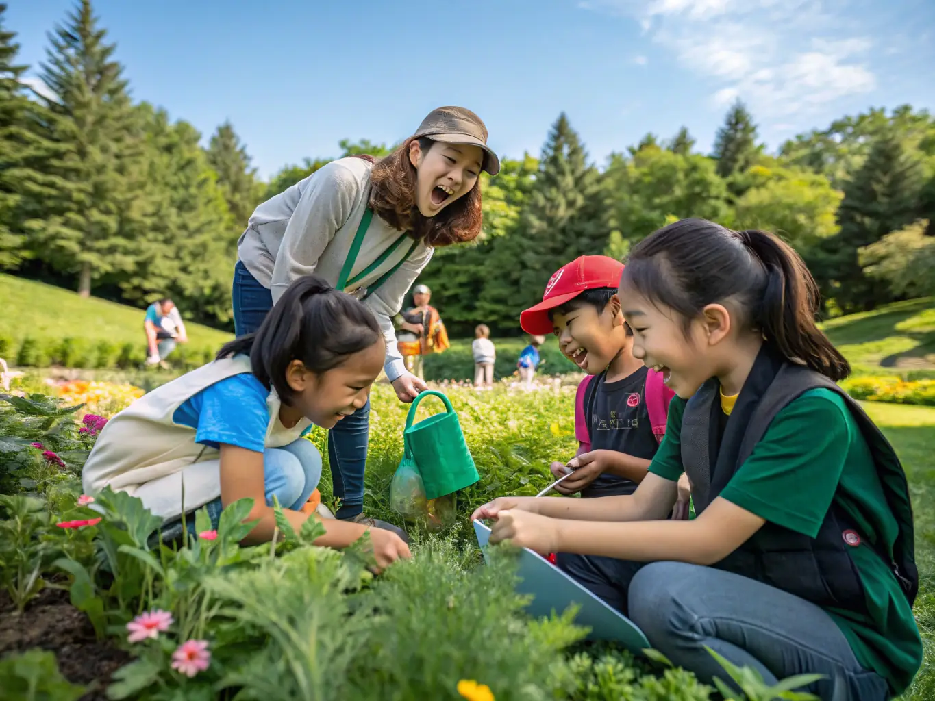 A photograph of a wildlife conservation education event, with children and adults learning about local ecosystems and conservation efforts.