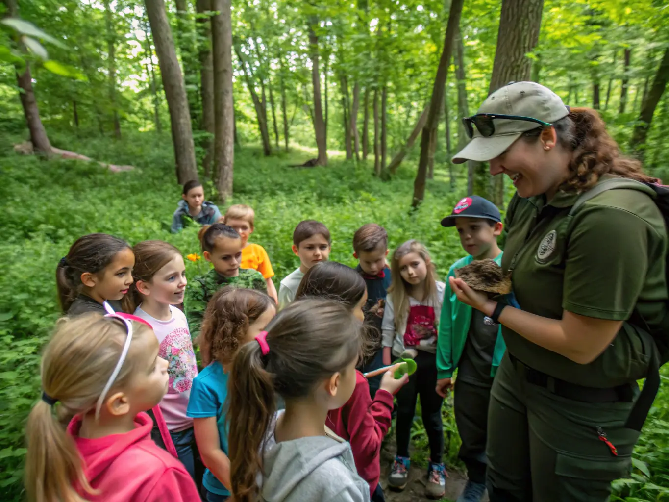 A photograph capturing a group of children participating in a nature walk organized by ASSOCIATION COMMUNALE DE CHASSE AGREEE DE MOUSSAGES, learning about local flora and fauna.