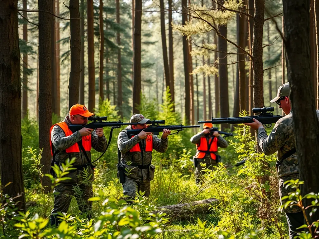 A photograph depicting a group of hunters participating in a controlled hunt, emphasizing responsible hunting practices and wildlife management.