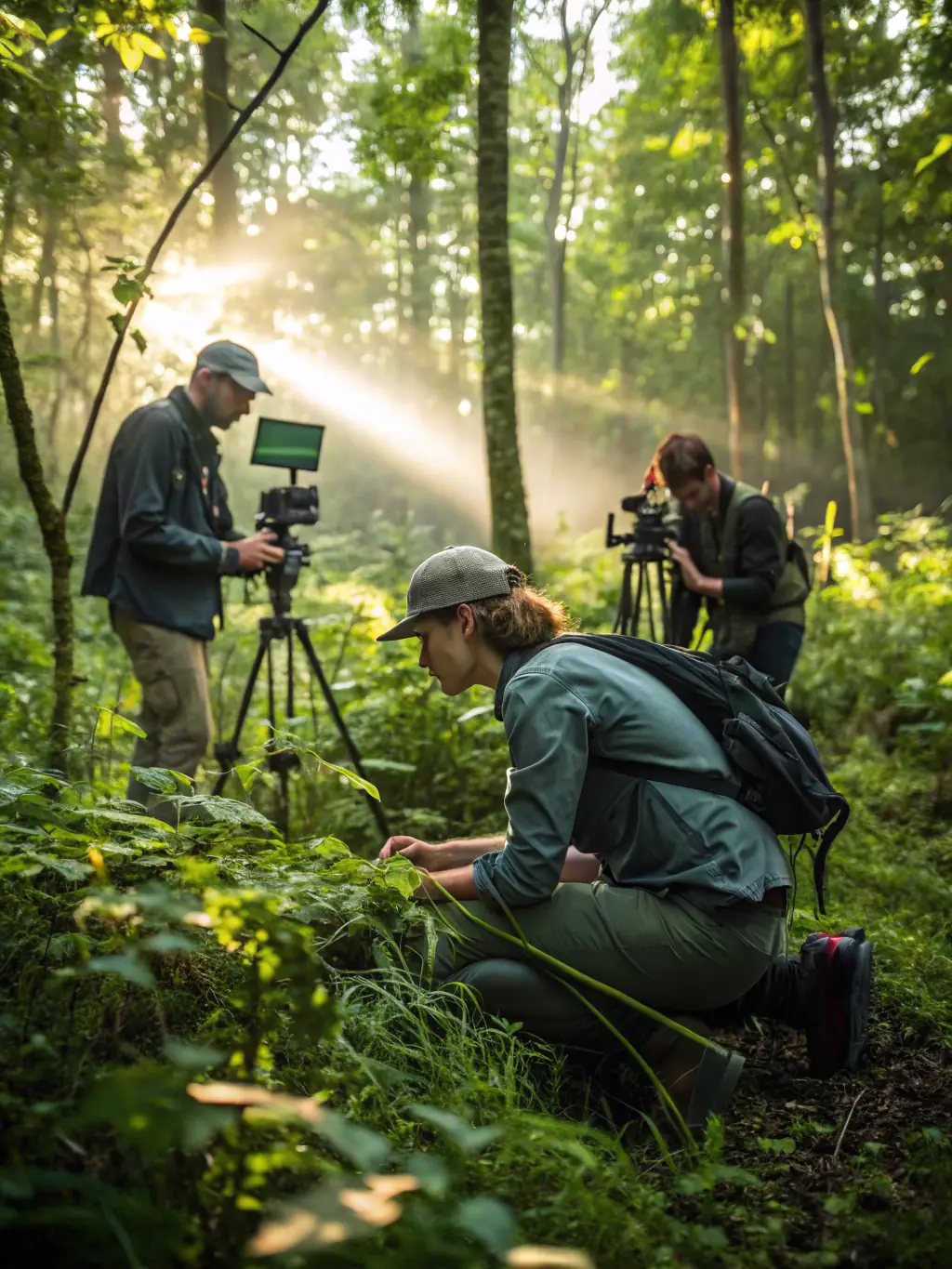 A photograph of members of the ASSOCIATION COMMUNALE DE CHASSE AGREEE DE MOUSSAGES conducting a wildlife census in a local forest.